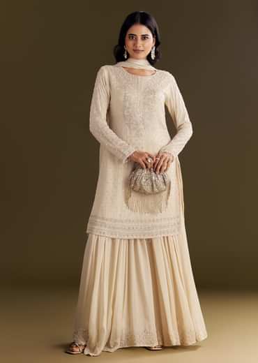 Cream Kurta Palazzo Set With Cutdana And Sequins Work