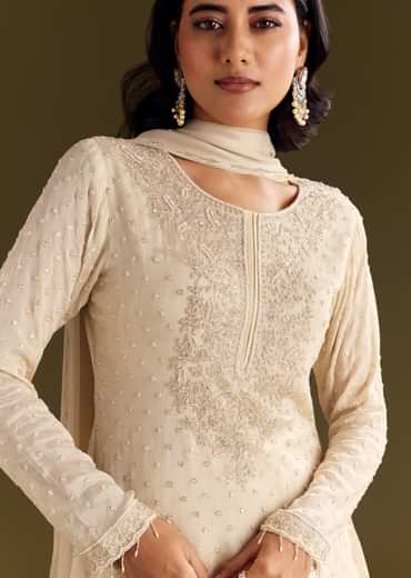 Cream Kurta Palazzo Set With Cutdana And Sequins Work