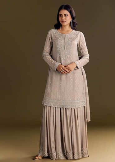 Light Brown Kurta Set With Sequins Palazzo And Dupatta