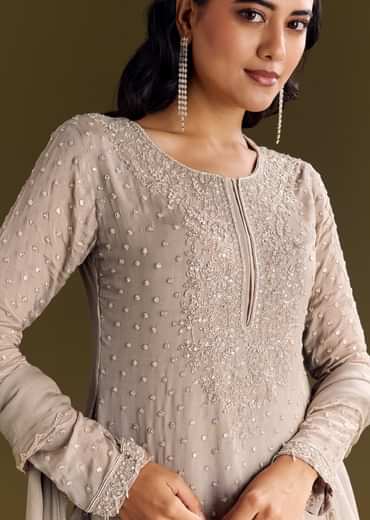 Light Brown Kurta Set With Sequins Palazzo And Dupatta