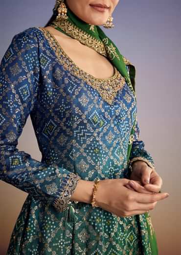 Blue And Green Ombre Bandhani Anarkali Suit With Zardosi Neckline