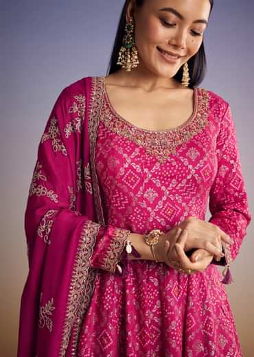 Pink Ombre Bandhani Anarkali Suit With Zardosi Neckline