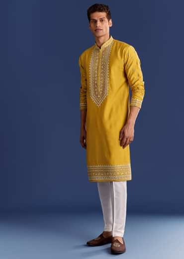 Yellow Silk Kurta Set With Yoke Thread And Mirror Work