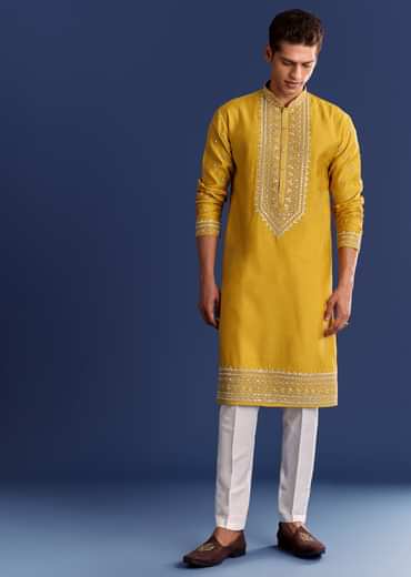 Yellow Silk Kurta Set With Yoke Thread And Mirror Work