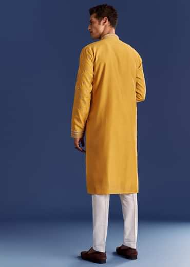 Yellow Silk Kurta Set With Yoke Thread And Mirror Work