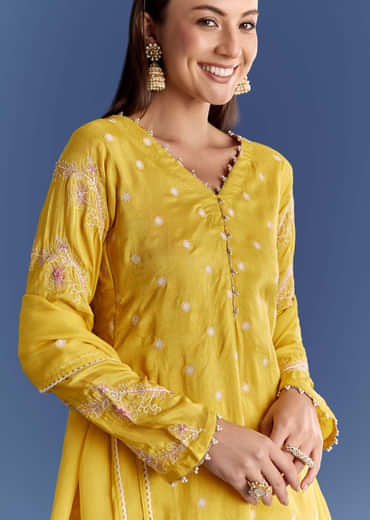 Ivory Silk Kurta Set With appliqua Organza Dupatta