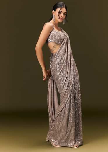 Champagne Gold Sequin Embroidered Readymade Saree With Cowl Neck Blouse