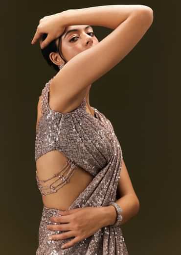 Champagne Gold Sequin Embroidered Readymade Saree With Cowl Neck Blouse