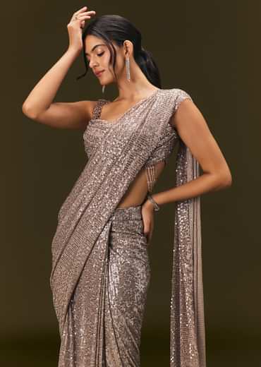 Champagne Gold Sequin Embroidered Readymade Saree With Cowl Neck Blouse