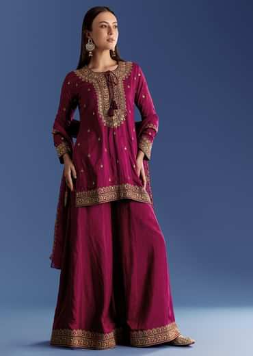 Wine Silk Kurta Set With Zari Palazzo And Butti Dupatta