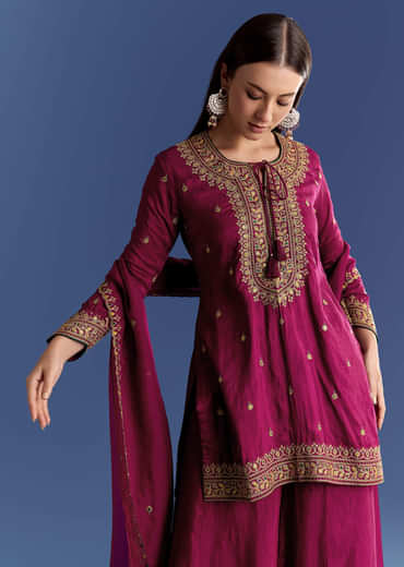 Wine Silk Kurta Set With Zari Palazzo And Butti Dupatta