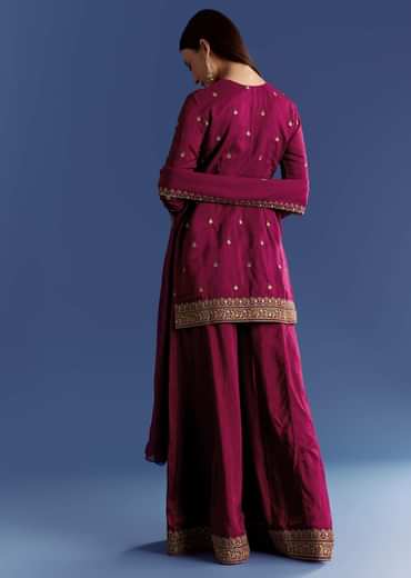 Wine Silk Kurta Set With Zari Palazzo And Butti Dupatta