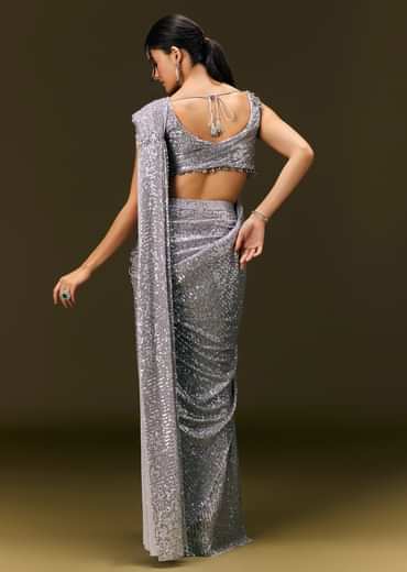 Grey Sequin Embroidered Ready To Wear Saree