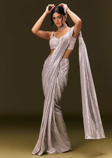 Silver Sequin Stone Embroidered Readymade Saree With Ruched Blouse
