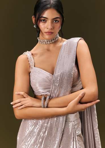 Silver Sequin Stone Embroidered Readymade Saree With Ruched Blouse