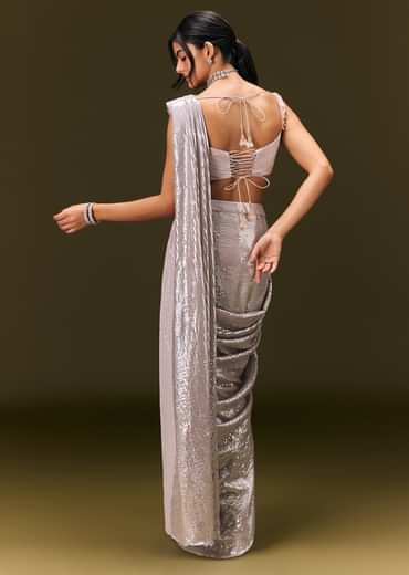 Silver Sequin Stone Embroidered Readymade Saree With Ruched Blouse