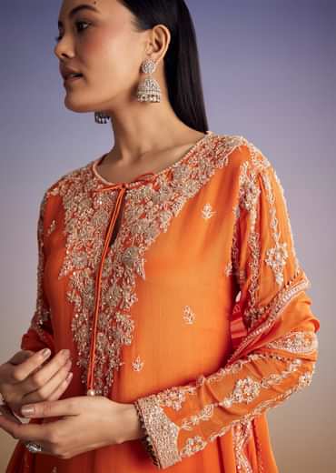 Orange Chinon Kurta Palazzo Set With Cutdana And Beads Work