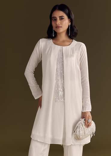 White Chinon Kurta Pant Set With Sequins Work