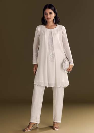 White Chinon Kurta Pant Set With Sequins Work