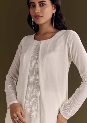 White Chinon Kurta Pant Set With Sequins Work