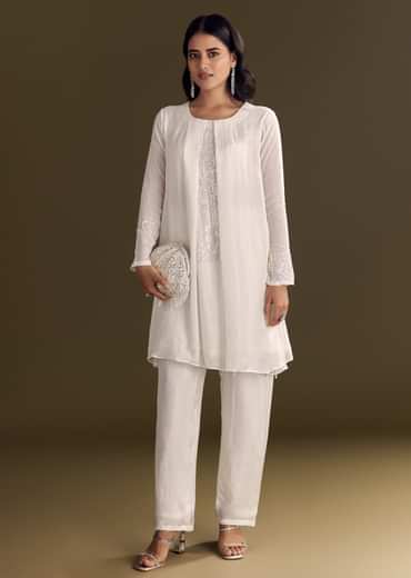 White Chinon Kurta Pant Set With Sequins Work