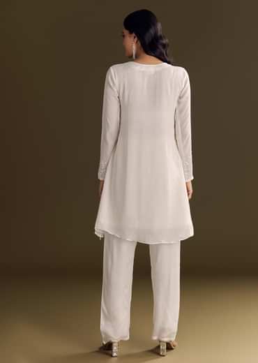 White Chinon Kurta Pant Set With Sequins Work