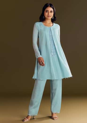 Sky Blue Chinon Kurta Pant Set With Sequins Embroidery