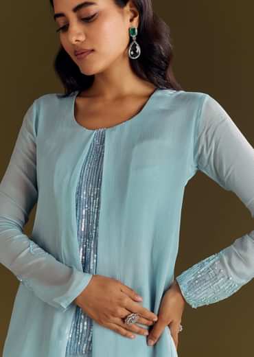 Sky Blue Chinon Kurta Pant Set With Sequins Embroidery