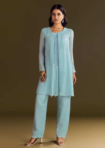 Sky Blue Chinon Kurta Pant Set With Sequins Embroidery