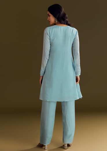 Sky Blue Chinon Kurta Pant Set With Sequins Embroidery