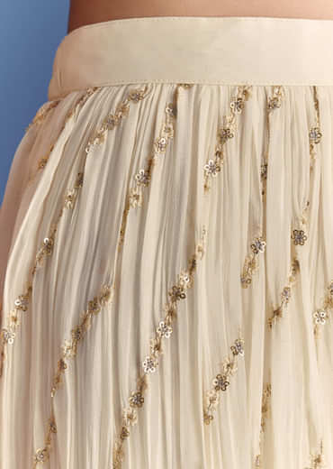 Cream Chinon Kurta Palazzo Set With Resham And Sequins Work