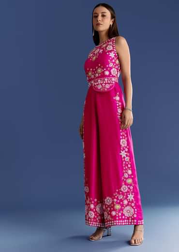 Pink Thread And Moti Work Jumpsuit With Waist Belt