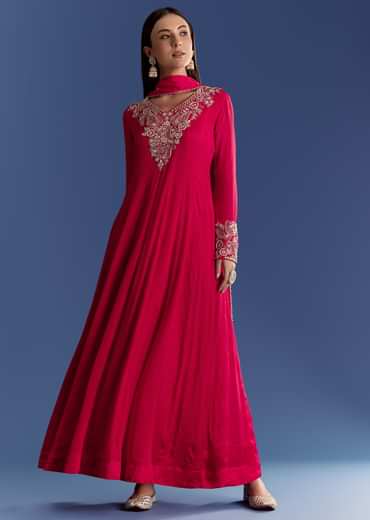 Red Chinon Anarkali With Moti And Gotta Lace Dupatta