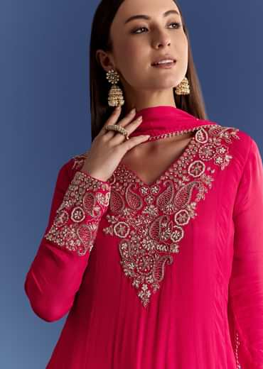 Red Chinon Anarkali With Moti And Gotta Lace Dupatta