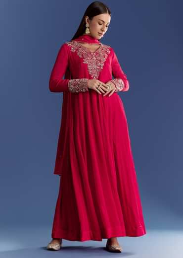 Red Chinon Anarkali With Moti And Gotta Lace Dupatta