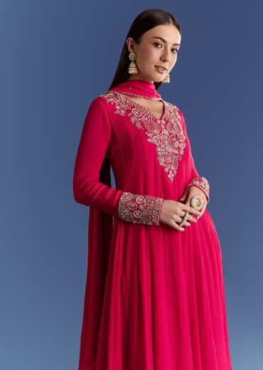 Red Chinon Anarkali With Moti And Gotta Lace Dupatta