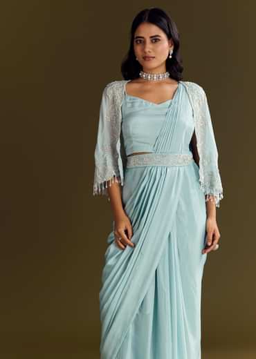 Sky Blue Chinon Pre Draped Saree With Cape And Belt