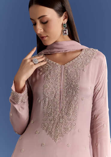 Lavender Chinon Kurta Set With Moti And Cutdana Dupatta