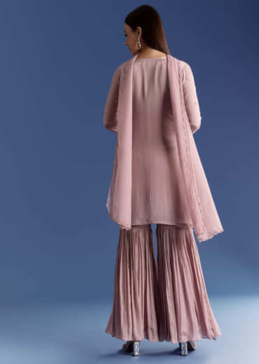 Lavender Chinon Kurta Set With Moti And Cutdana Dupatta