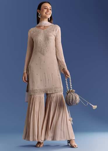 Light Grey Chinon Kurta Set With Moti And Cutdana Work