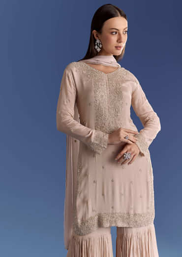 Light Grey Chinon Kurta Set With Moti And Cutdana Work