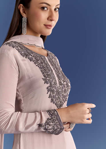Beige Chinon Beaded Kurta Set With Ombre Dupatta