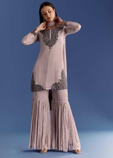 Beige Chinon Beaded Kurta Set With Ombre Dupatta