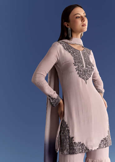 Beige Chinon Beaded Kurta Set With Ombre Dupatta