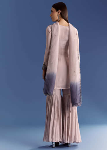 Beige Chinon Beaded Kurta Set With Ombre Dupatta