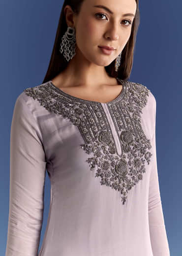 Lavender Chinon Beaded Work Kurta Set And Ombre Dupatta