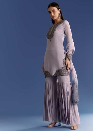 Lavender Chinon Beaded Work Kurta Set And Ombre Dupatta