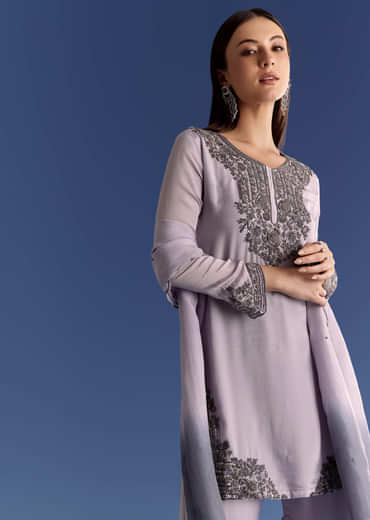 Lavender Chinon Beaded Work Kurta Set And Ombre Dupatta
