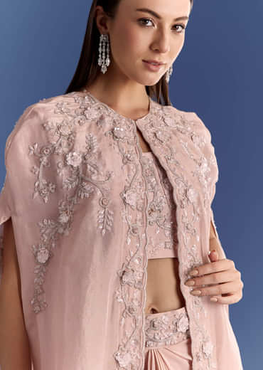 Light Peach Tissue Cape Set With Embroidered Croptop And Skirt