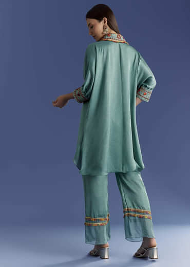 Aqua Green Crush Silk Kurta Set With Resham And Beads Work